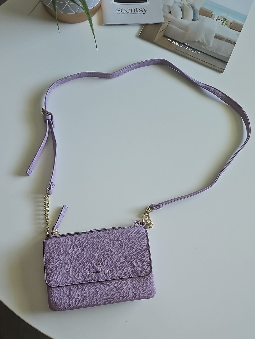 Nanette Lapore lilac leather crossbody wallet with gold hardware